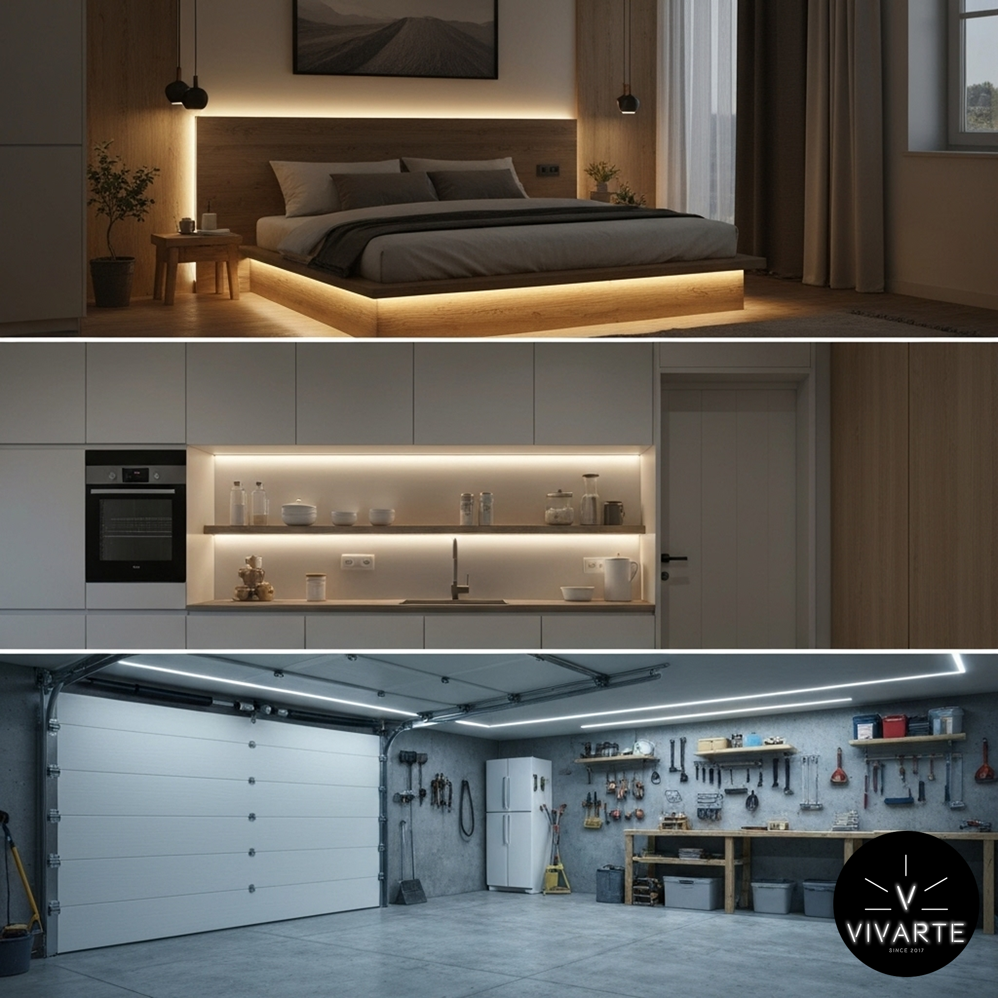 LED-ribade valimine erinevates ruumides – magamistuba 3000K, köök 4000K, garaaž 6000K. Vivarte.ee