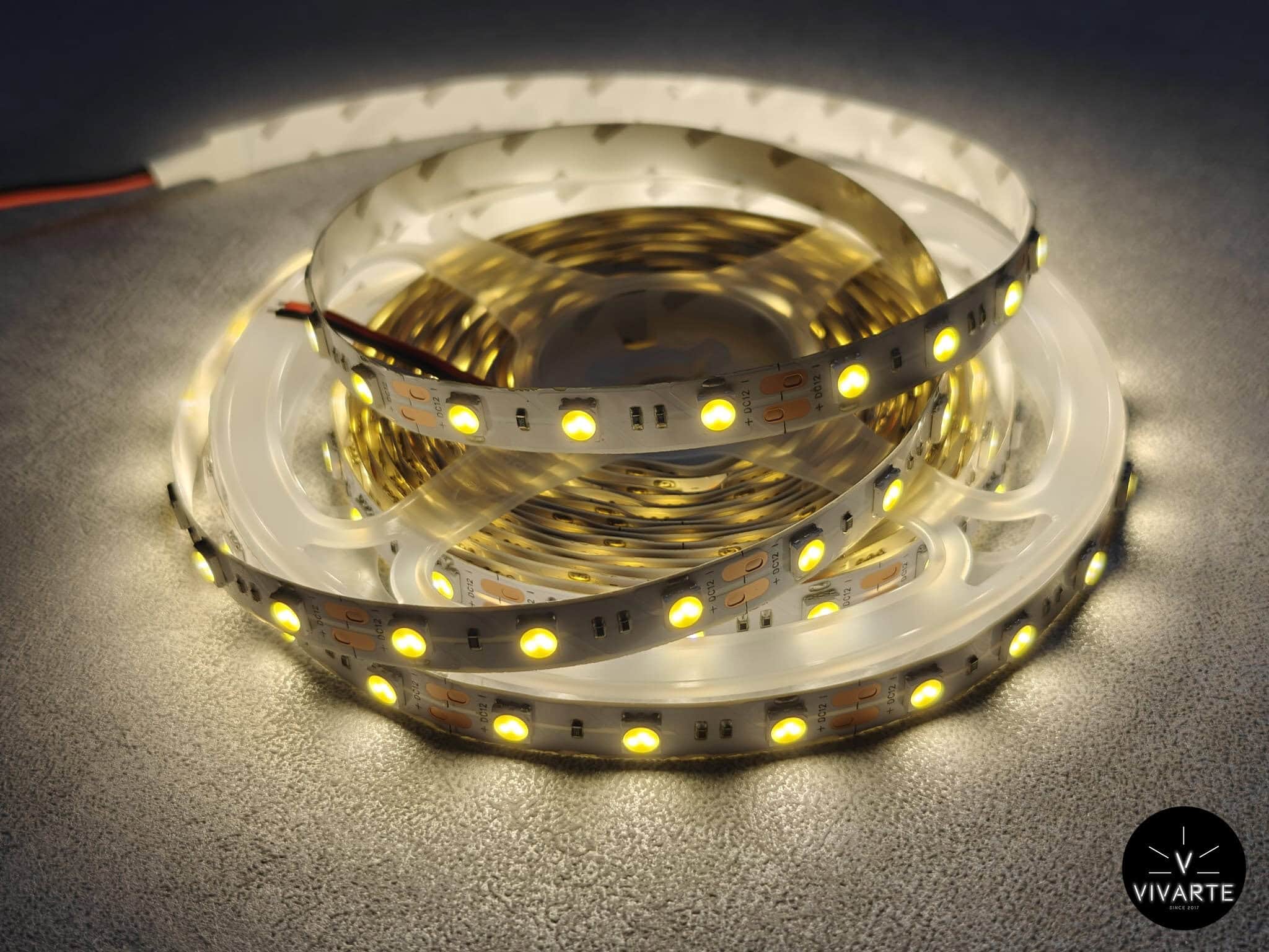 Vivarte SMD 5050 LED-riba – 60 LED/m, IP20, 12V, 3000K soe valge valgus, 7,2W/m, 5m rull