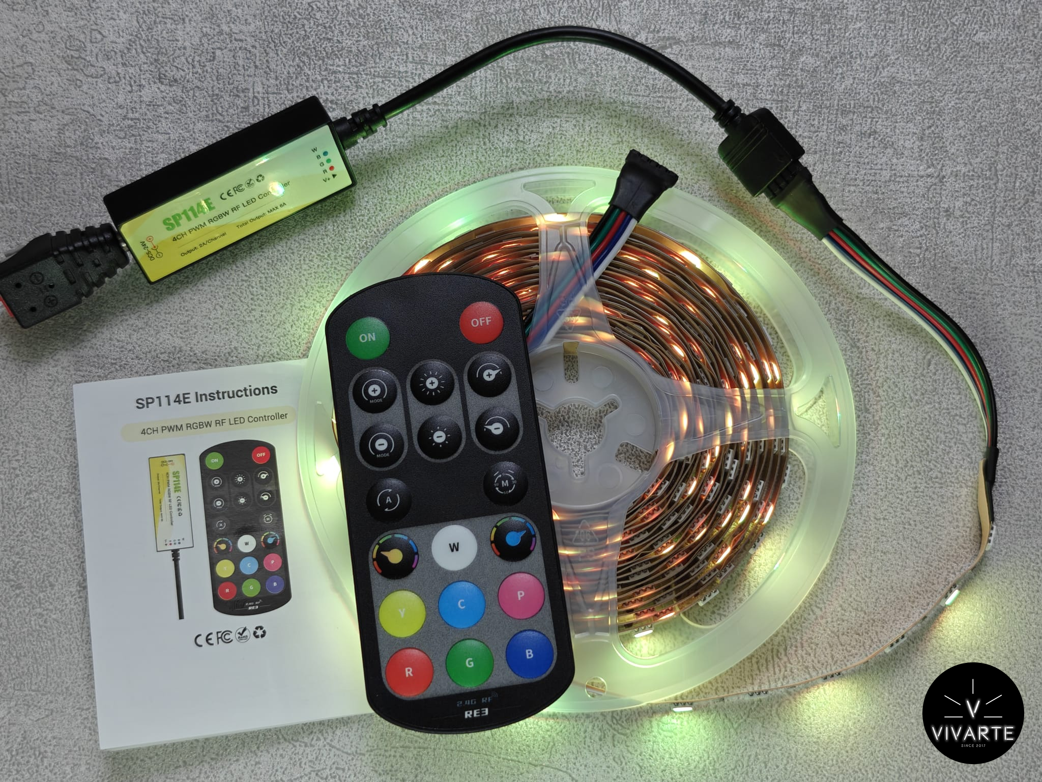 SP114E RGBW LED-riba kontroller ühendatud ribaga – RF pult, DC5–24V, kuni 6A