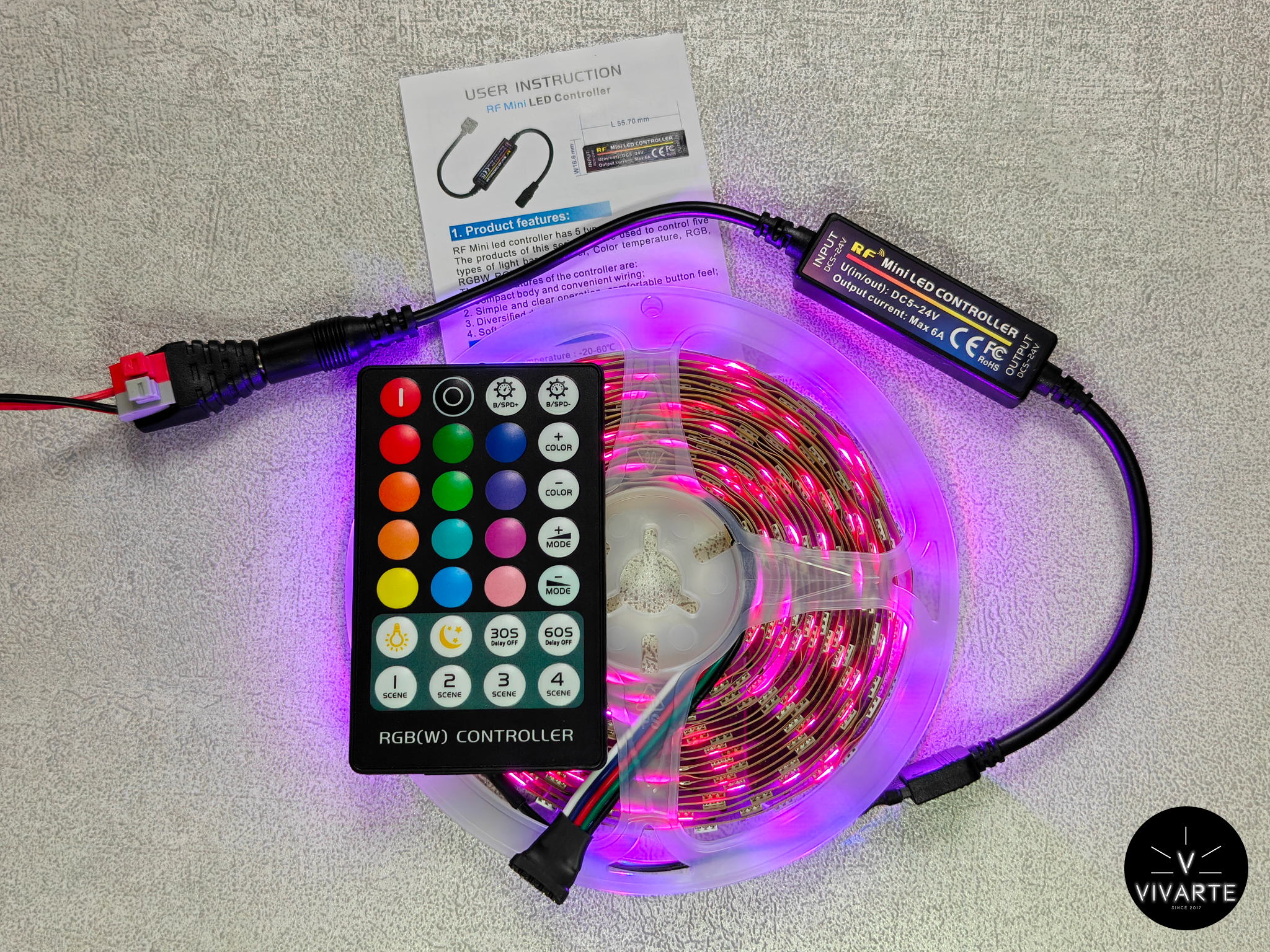 RGBW LED-riba kontroller ühendatud ribaga – 30-nupuline pult, DC5–24V, 6A