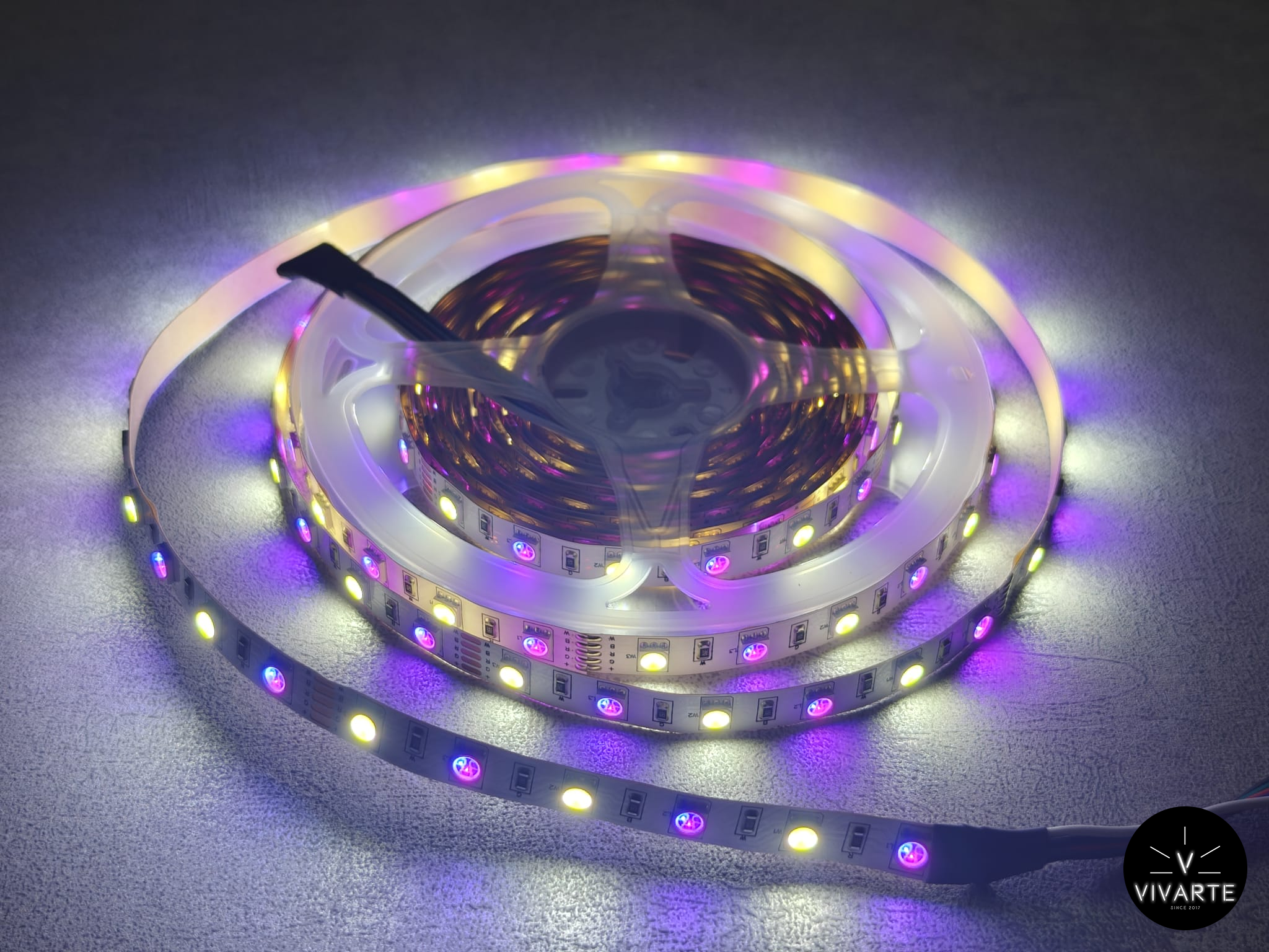 Vivarte SMD 5050 RGBW LED-riba – magenta ja valge valgus, 12W/m, 12V/24V, 5 m rull; saadaval IP20, IP65, IP67