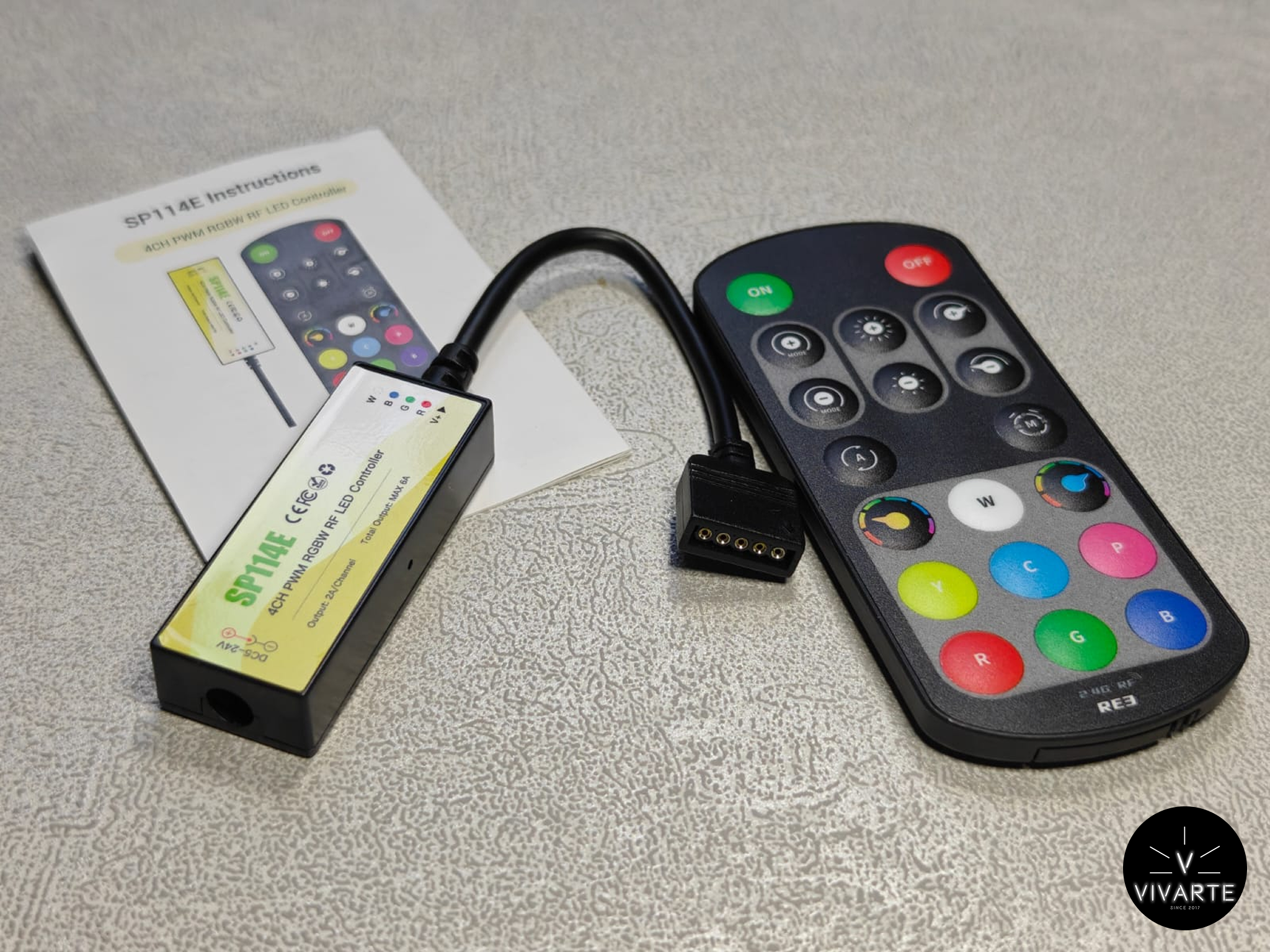 SP114E RGBW LED-riba kontroller koos puldiga – DC5–24V, kuni 6A, RF juhtimine