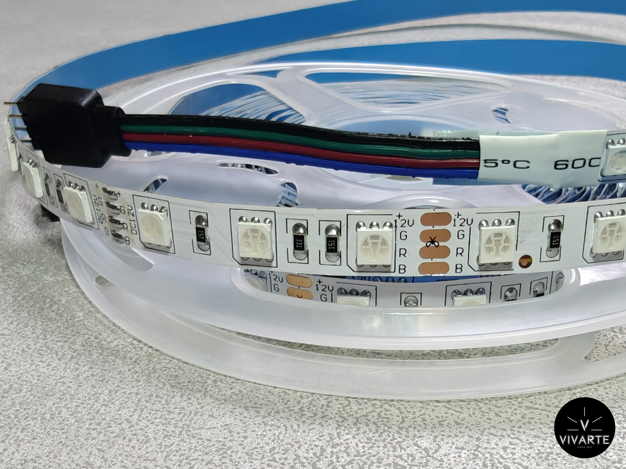 Vivarte SMD 5050 RGB LED-riba – IP20, 12W/m, 12V/24V, 5 m rull