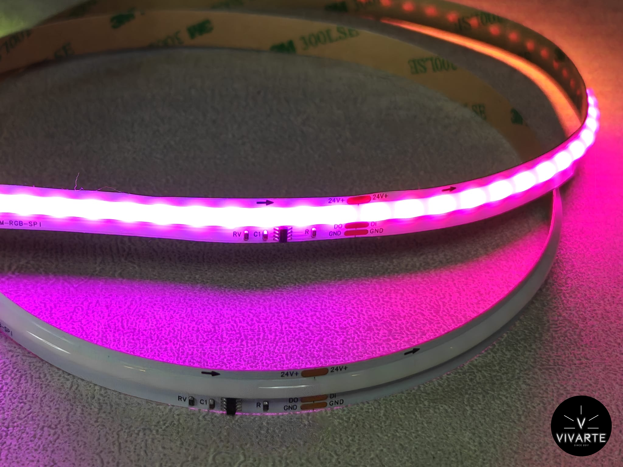 FCOB SPI RGB LED-riba – 24V, WS2811, 62,5 mm pikslisamm, 3PIN (24V+, DI/DO, GND), täppideta ühtlane valgusriba