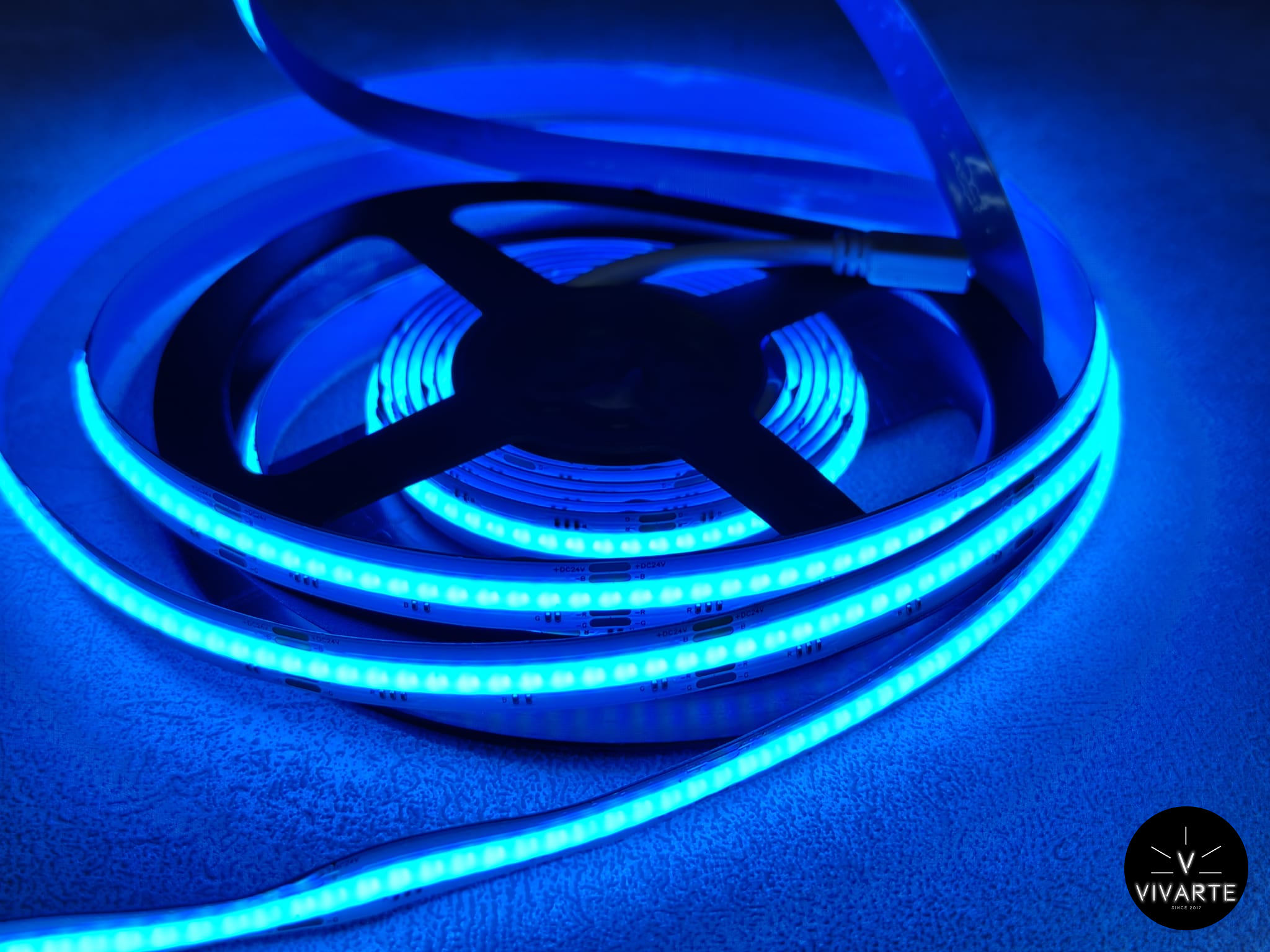 FCOB PWM RGB LED-riba – sinine toon, professionaalne värviline LED lint; 12V/24V, IP30/IP66 – Vivarte