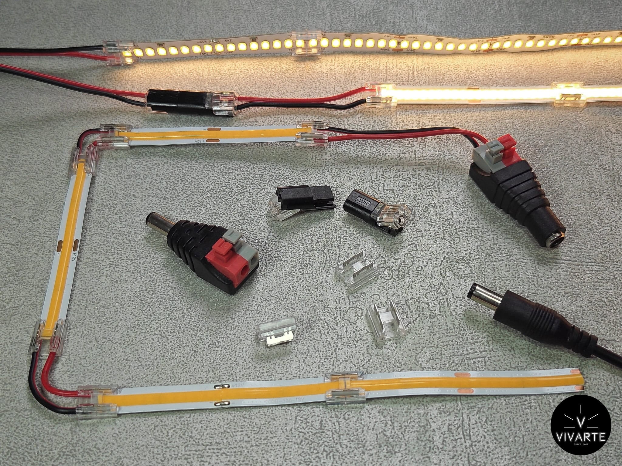 LED-ribade kiirkinnitused – FCOB 10 mm sirge ja nurgaliitmik, LED/juhe & LED/LED, DC Jack 2-PIN, 20 AWG kaabel – Vivarte