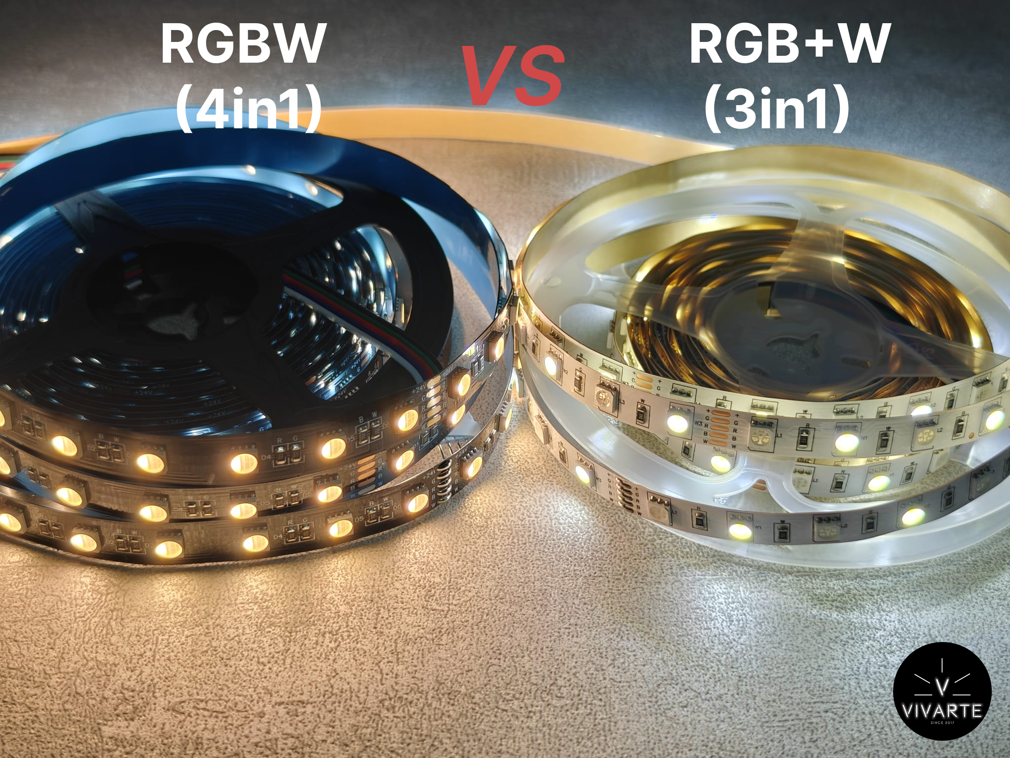 RGBW (4-in-1) vs RGB+W (3-in-1) SMD LED-riba – soe valge võrdlus; 12V/24V, IP20/IP65/IP67 – Vivarte