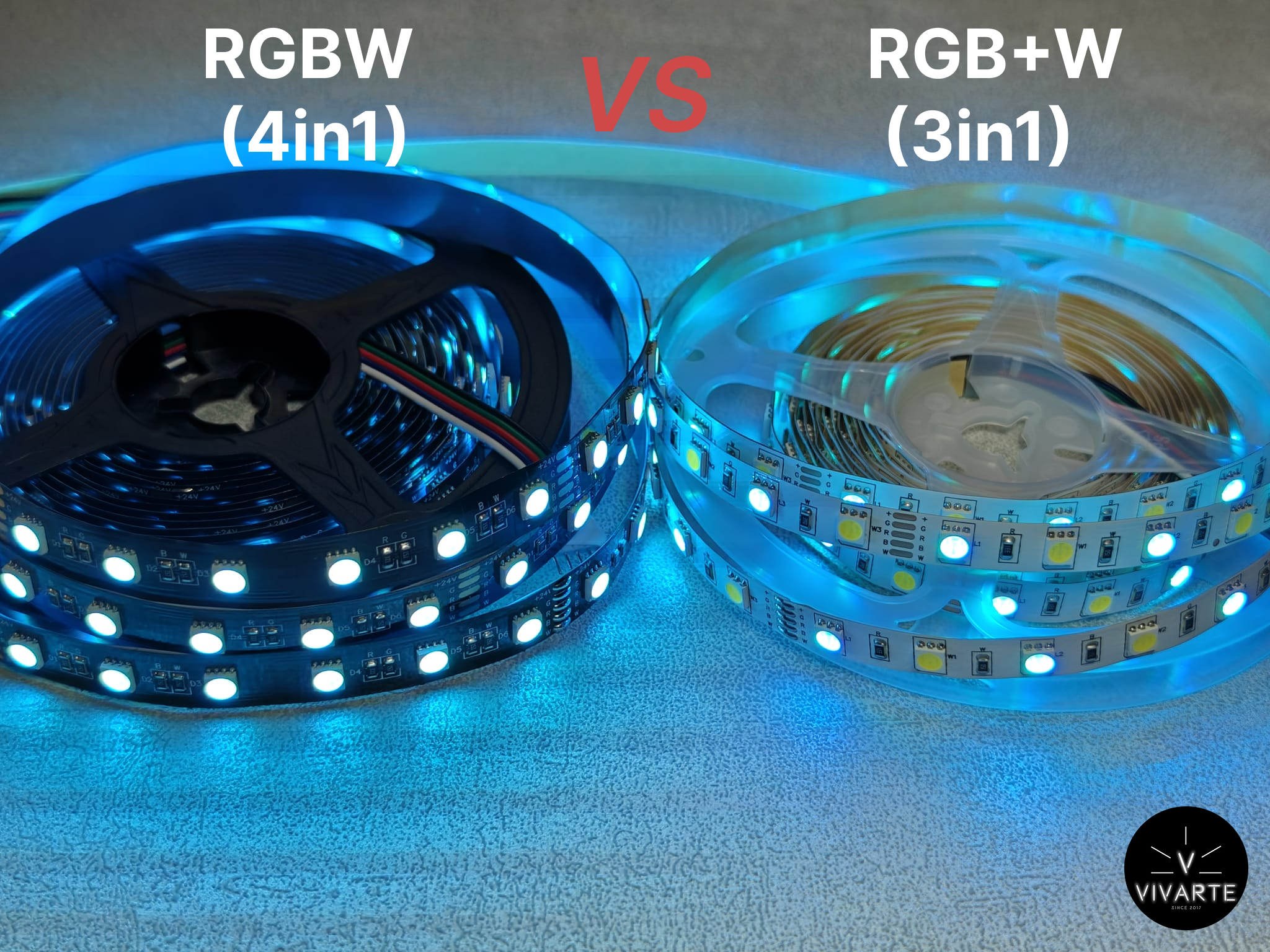 RGBW 4-in-1 vs RGB+W 3-in-1 SMD LED-riba – tsüaansete toonide (cyan) segunemise võrdlus; 12V/24V, IP20/IP65/IP67 – Vivarte