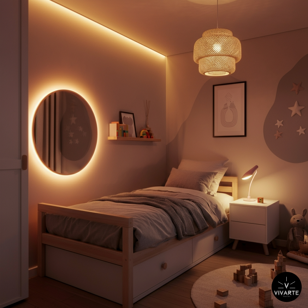 Lastetoa LED valgustus laes FCOB 480 24V ja peeglil FCOB 336 12V 3000K Vivarte